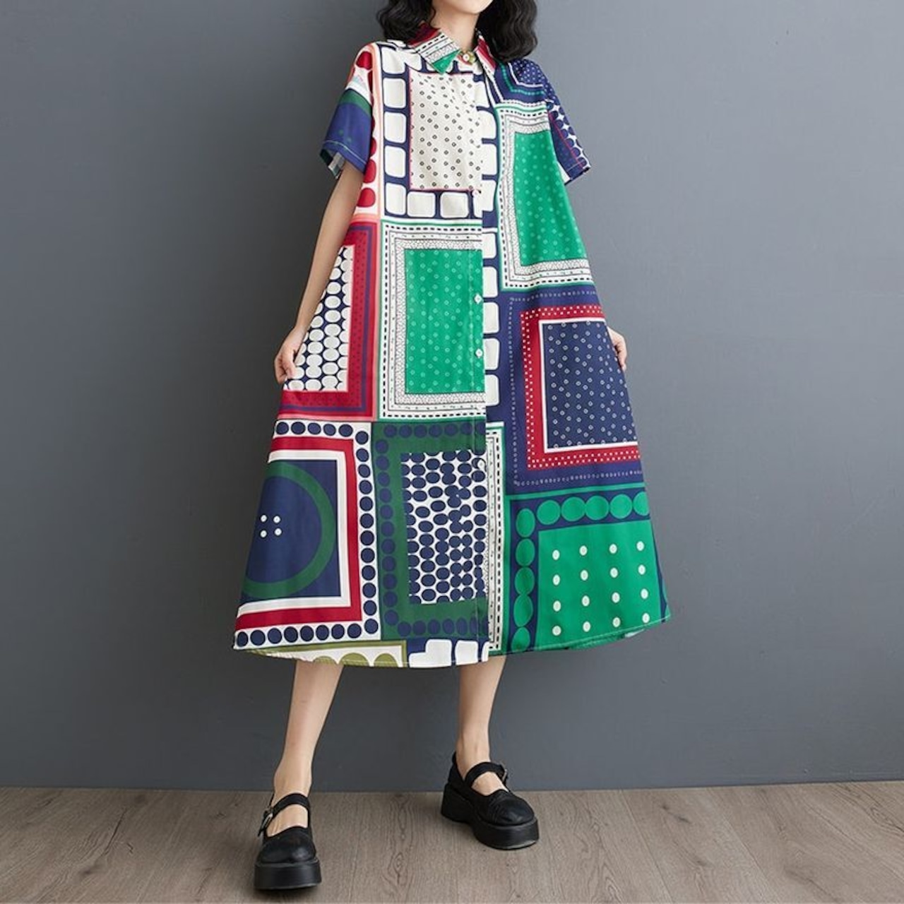 幾何柄 配色 シャツワンピース 30175