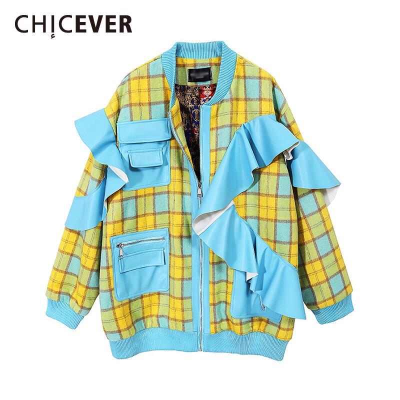 CHICEVERチェック柄ジャケットレディーススタンドカラー長袖パッチワークフリル特大コート2021秋 ロング ラッフル オータム 秋物 6base547478503918