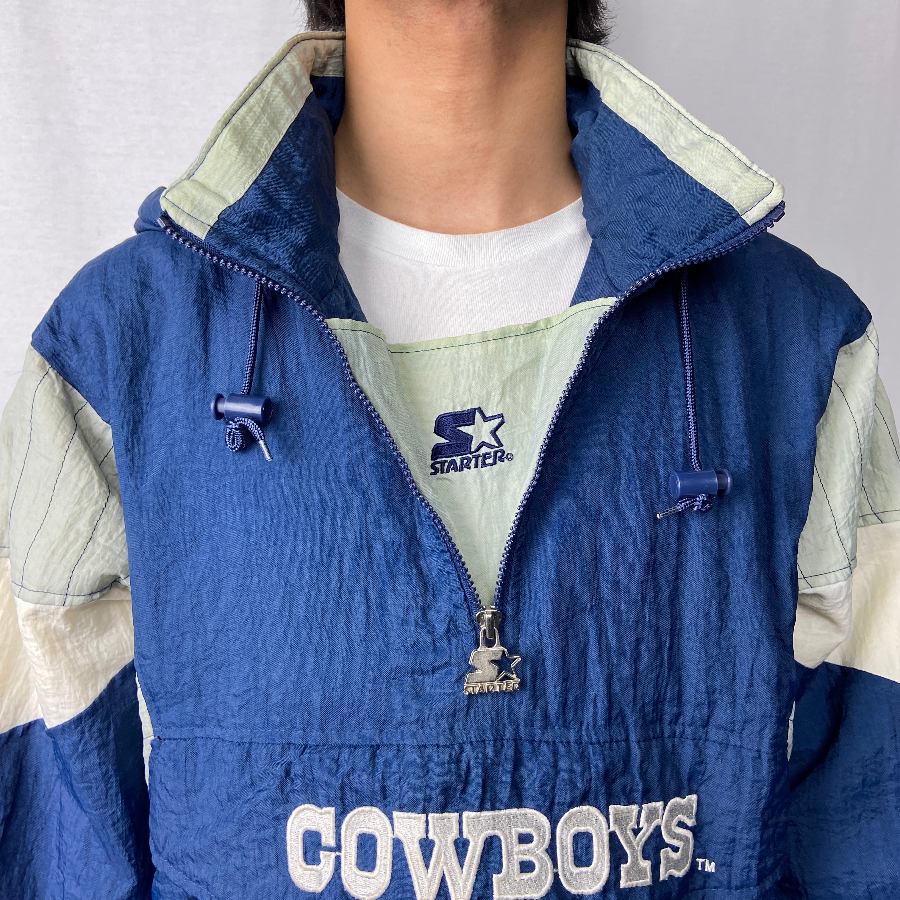 90年代 STARTER スターター プルオーバー ナイロンジャケット NFL ダラス・カウボーイズ メンズXL 古着 Dallas Cowboys  90s ヴィンテージ VINTAGE 中綿入り ハーフジップ アノラックパーカー フーディー ブルー グレー【ナイロンジャケット】/ブルー |