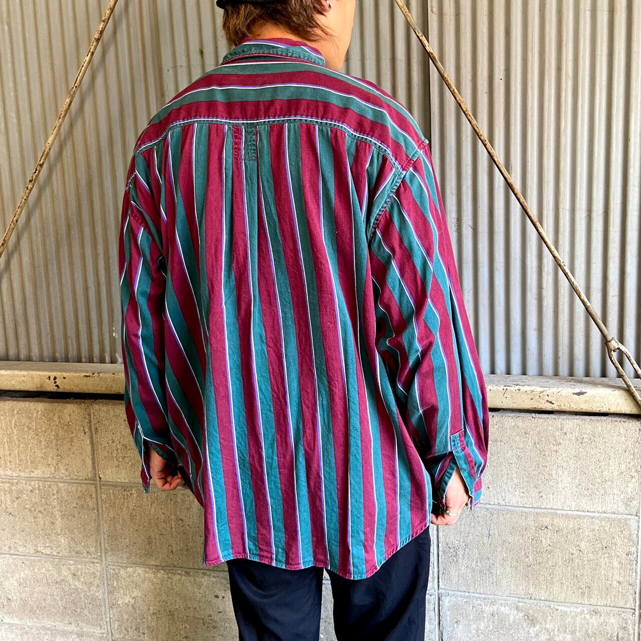 90s 日本製 デッドストック 花柄 ストライプ ポリシャツ 長袖メンズ レトロ 90s COLISEUM マルチストライプ コットン ボタンダウンシャツ