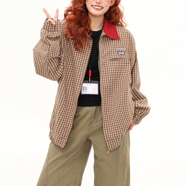 checkered back patch jacket　チェック柄バックワッペンジャケット　J1352