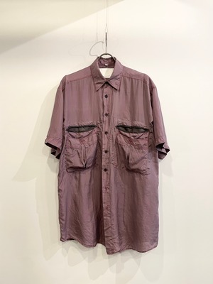 TrAnsference slash piping pocket half sleeve silk shirt - matured berry garment dyed effect