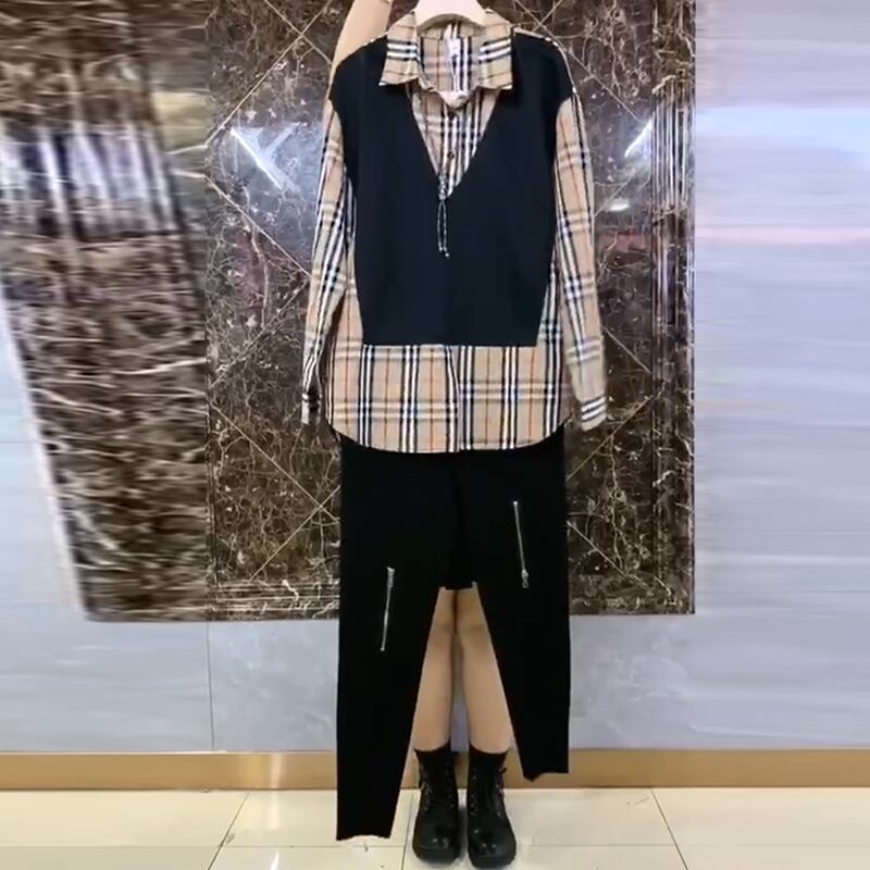 オータム格子柄Tシャツ 大きめサイズ 秋物 ミックスインファッション59297488200