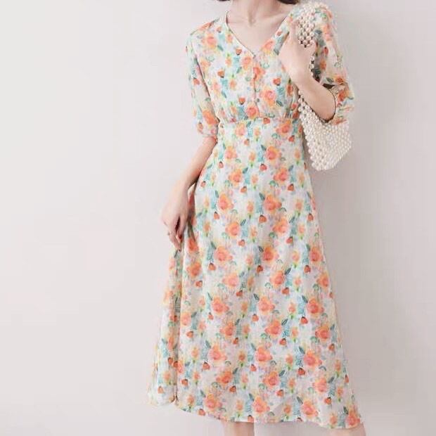 Vネック 花柄 七分袖ワンピース 00183