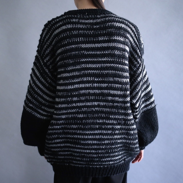 diamond leather patchwork and switching pattern low gauge knit sweater