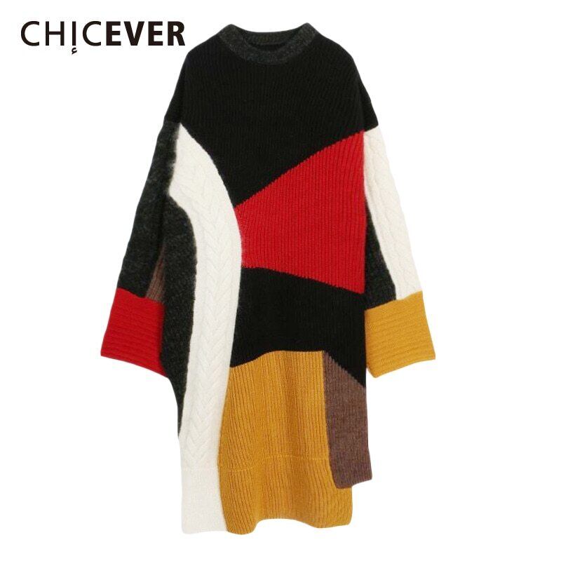 CHICEVER非対称セーター女性Oネック長袖ルーズヒットカラープルオーバー服2020 ロング 6base555928318844