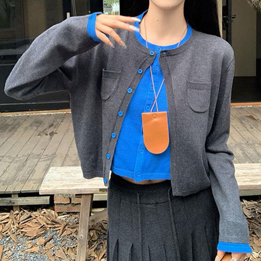 【送料無料】 レイヤード風 ニット カーディガン 重ね着 レディース 春秋 韓国 トップス 羽織り きれいめ 大人 カジュアル おしゃれ 切り替え 配色 長袖 ニットカーディガン 大人可愛い 大人女子