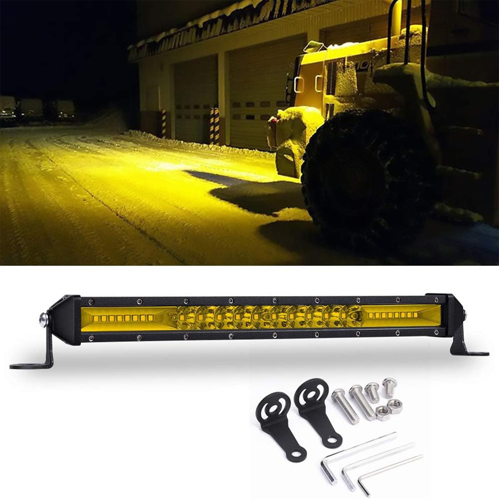 Largoods 作業灯 イエロー 10インチ ライトバー 投光器 高輝度 広角狭角12v-24v 兼用 照明 高出力チップ搭載 LED 作業灯 ワークランプ タイヤ灯 車幅灯 集魚灯 前照灯 防水 防塵 防震 取付け自由 省エネルギー長寿命 各種作業車対応 イエロー 1個入り