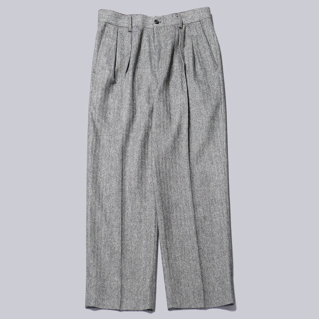 INTERIM / INDIA WOOL CLASSIC HERRINGBONE WITH LEATHER PIPING 2-TUCK STRAIGHT SLACKS