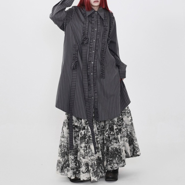 Striped ruffle shirt one-piece C1591