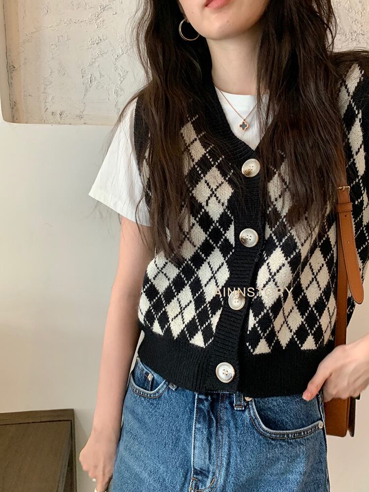 格子柄ニットカーディガンオータムスタンダードVネックスリム レトロ 秋物 ビッグFスモールZ韓国28502028028