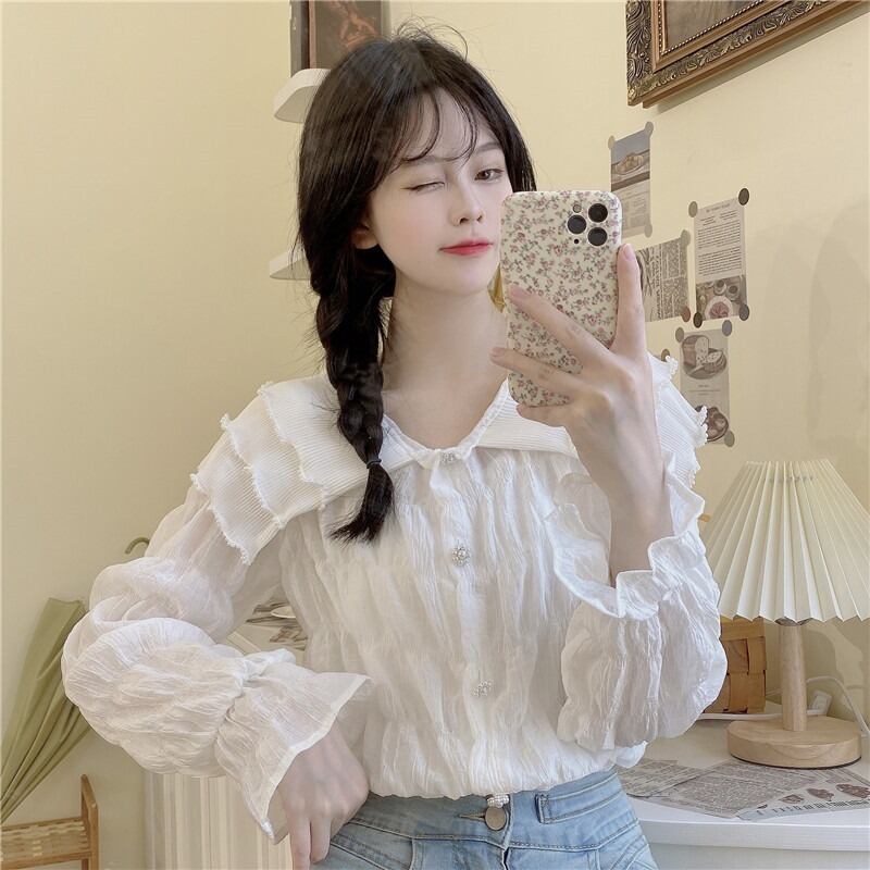 パールスリーブホワイトシャツ オータムトップス ロング ランタンスリーブ 秋物 真珠 萌量不足93492537785