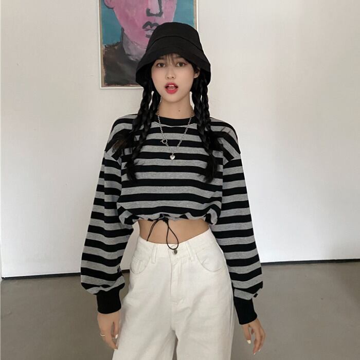 ドローストリング長袖プルオーバーセーター女性の2020年秋の新しいネット赤insスーパー火ストライプショートトップトレンド クレセントシティ44805670603