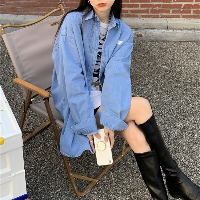 シャツ ルーズジャケット スプリングオータムスタンダードトップス ロング レッド レトロ 春物 秋物 ブラックストロベリース12533839676