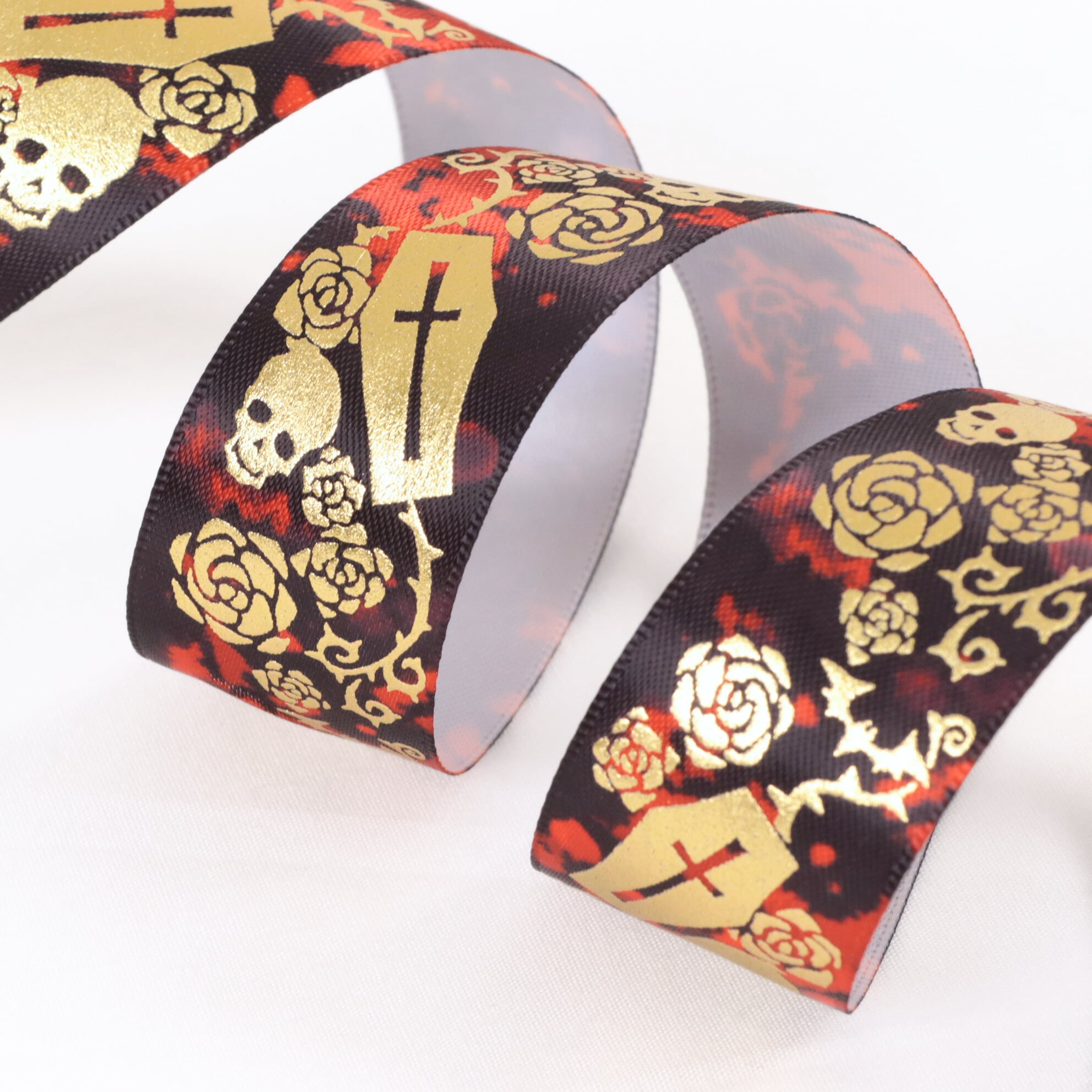 ISEKIオリジナル】スカル 棺 薔薇 柄 サテン リボン 幅約25mm 布