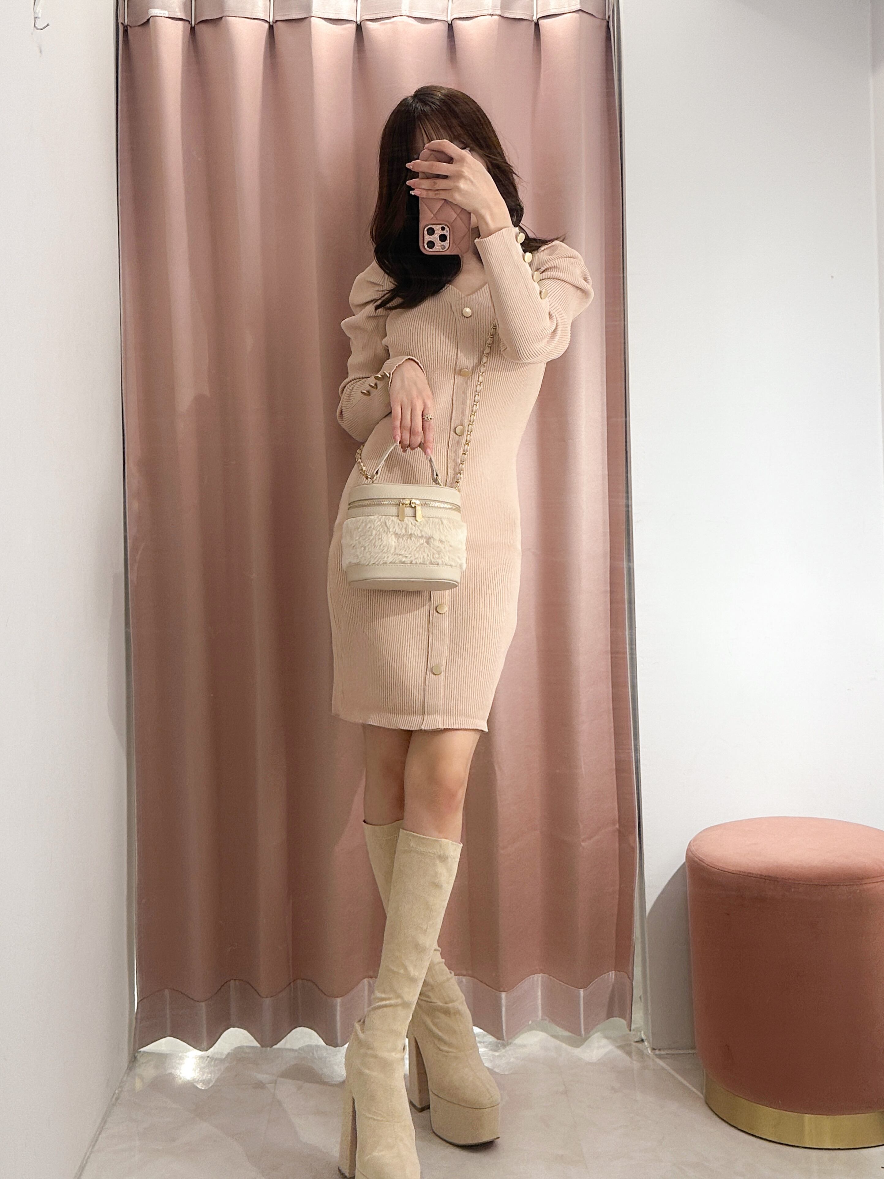 tight rib knit onepiece(pink beige) | POMME d'amour
