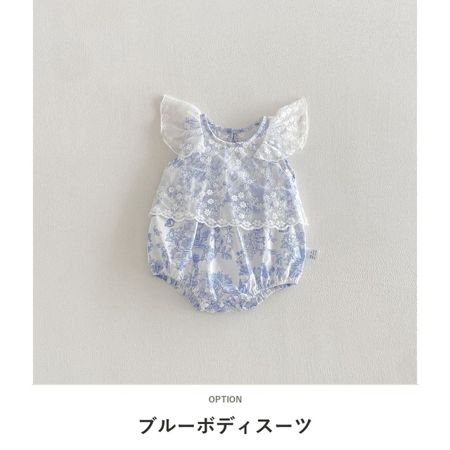 【BABY】水墨画風フラワーフリルレースロンパース - 2
