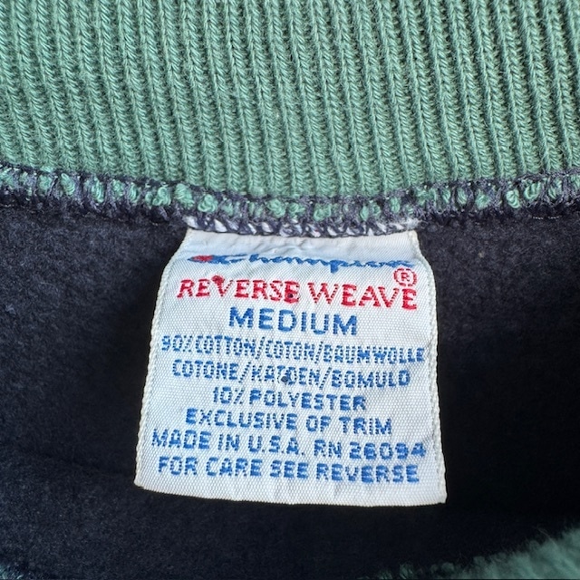 Champion リバースウィーブ スウェット 90s USA製 ネイビー グリーンリブボーダー 刺繍タグ ヴィンテージ古着 M 画像5