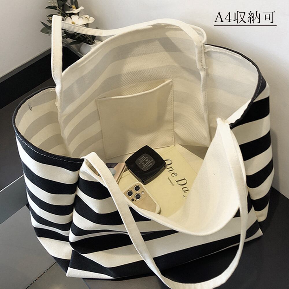 キャンバス トートバッグ レディース ボーダー柄 おしゃれ かわいい 大人 通勤 通学 学生 大容量 A4 カジュアル 肩掛け 大人可愛い 大人女子