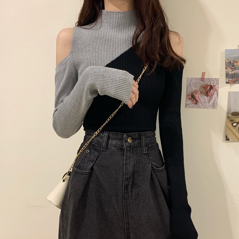 スプリングカラーセーター スタイルスリムトップス 春物 オフショルダー ステッチ 試着室19459358388