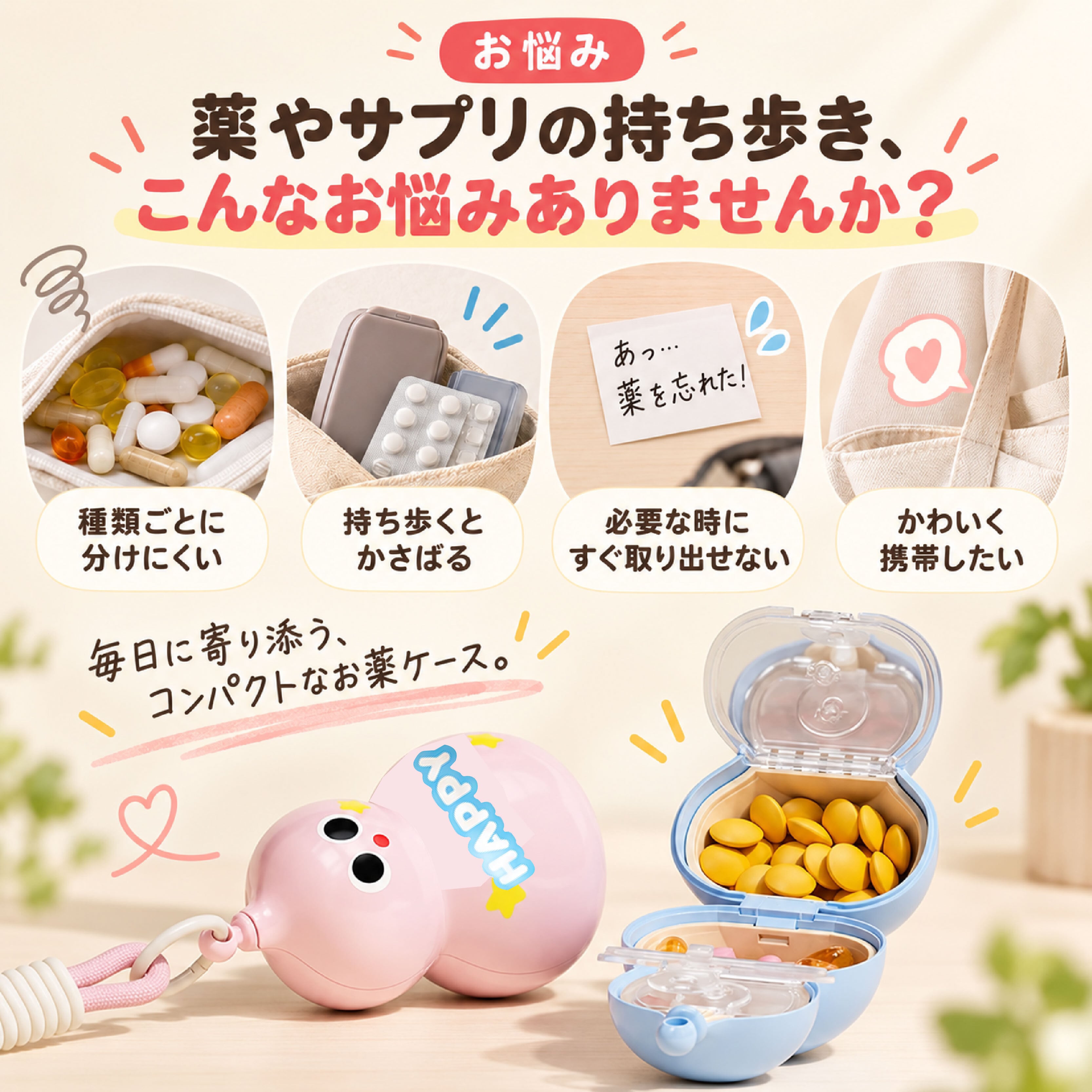 HY 1040 .携帯用ピルケース 2個セット 4分割 マグネット式 薬ケース