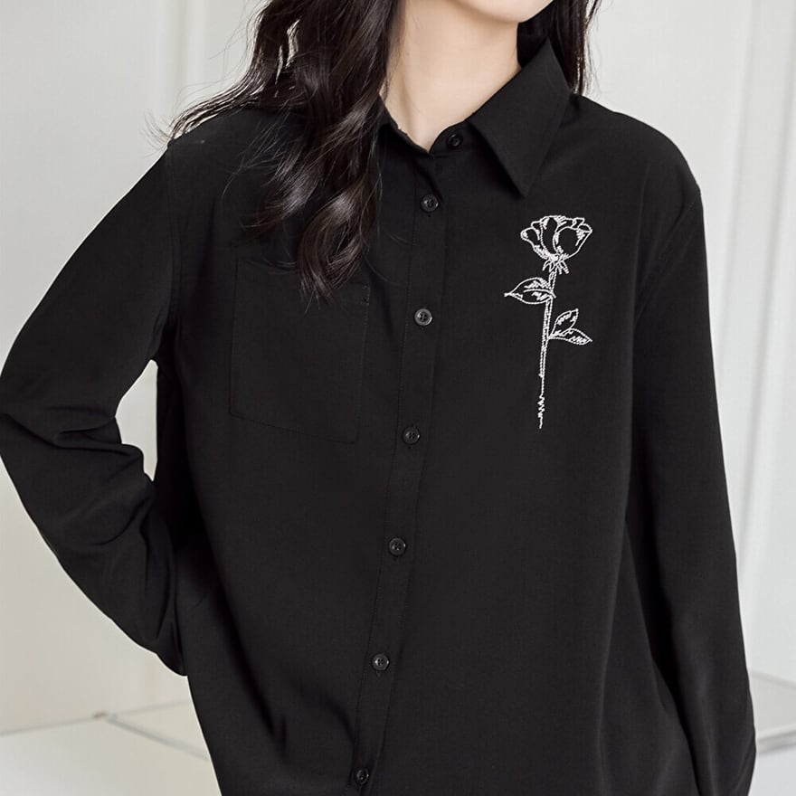 サブカル 服 地雷系 通販 長袖シャツ ローズ 一輪華 ドレスシャツ 刺繍