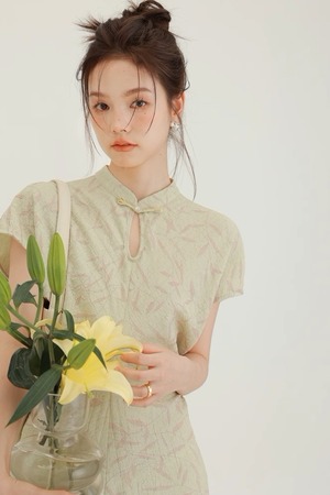 春の竹葉/Spring Bamboo グリーン ワンピース 夏物 袖付き 半袖 チャイナドレス ハイウエスト ラウンドネック ロングスカート