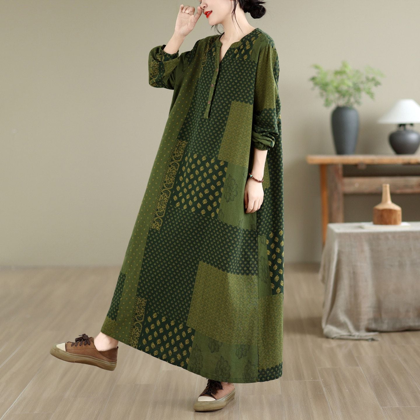 FLORAL PRINT LONG SLEEVES RELAXED A-LINE DRESS M-18234