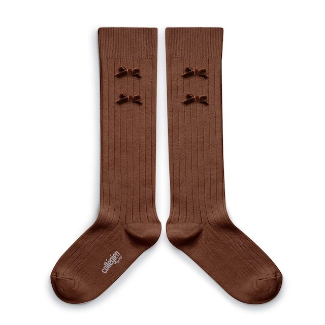 collegien/Hortense Ribbed Knee-high Socks with Velvet Bows - Chocolat au lait