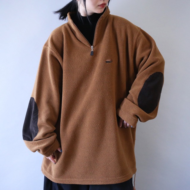 XXL over silhouette elbow patch design half-zip high-neck fleece pullover