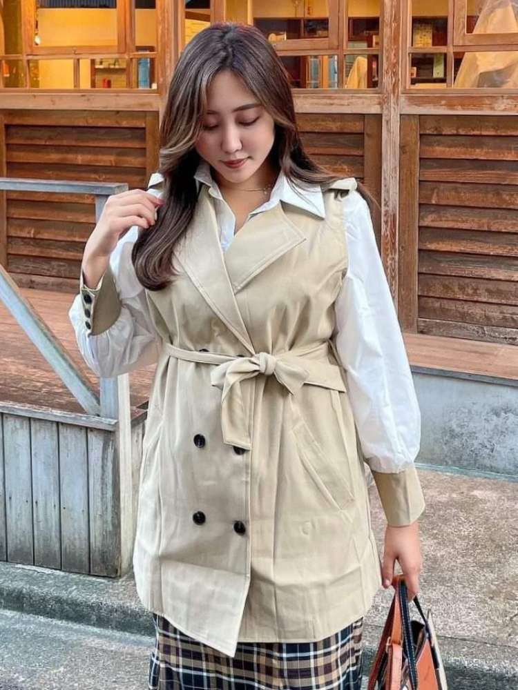 大人のこなれスタイルを演出 トレンチジレ×異素材カフスシャツ 2点セット セットアップ カジュアルコーデ デート ベスト 大きいサイズ 韓国 CH5254