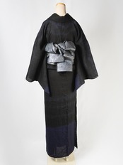 【レディース】仕立て上がり 絞り染め麻着物 黒紫　[B1265]