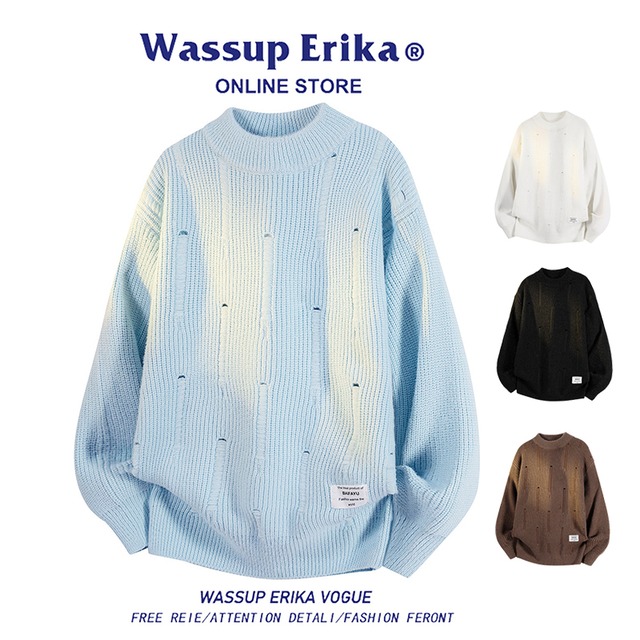 ♥冬のあたたかインナー！【WSシリーズ】★セーター★ ユニセックス 4color ニットトップス ダメージ加工 青 黒 白