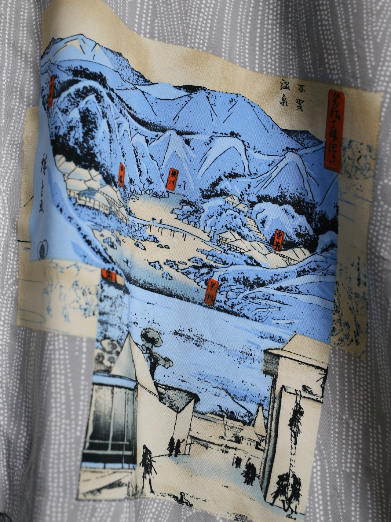 "冨嶽三十六景" multi square graphic over silhouette s/s shirt - 13