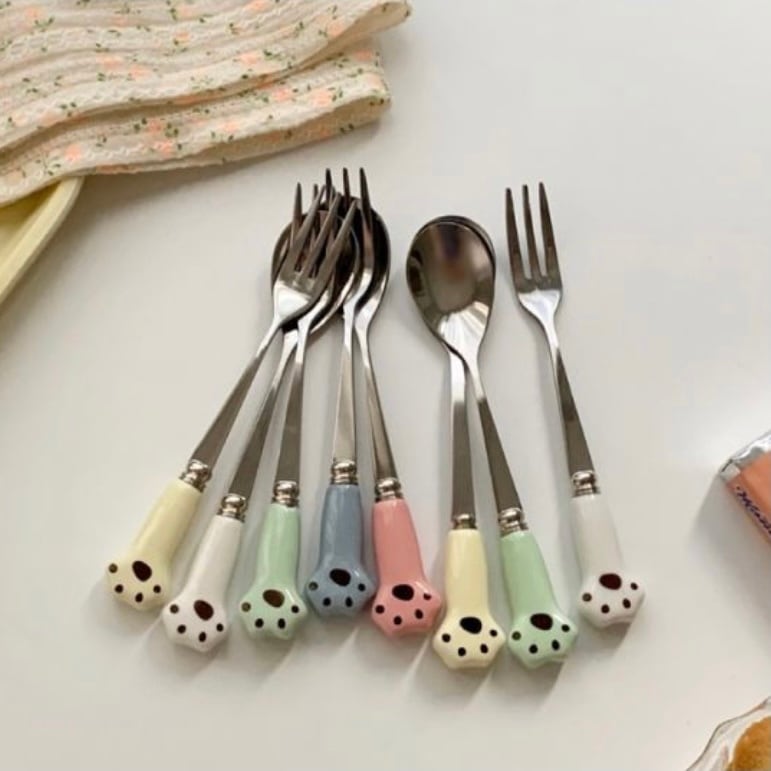【1＋1】paws spoon fork set 5colors / アニマル スプーン フォーク セット カトラリー 猫 犬 肉球 韓国雑貨