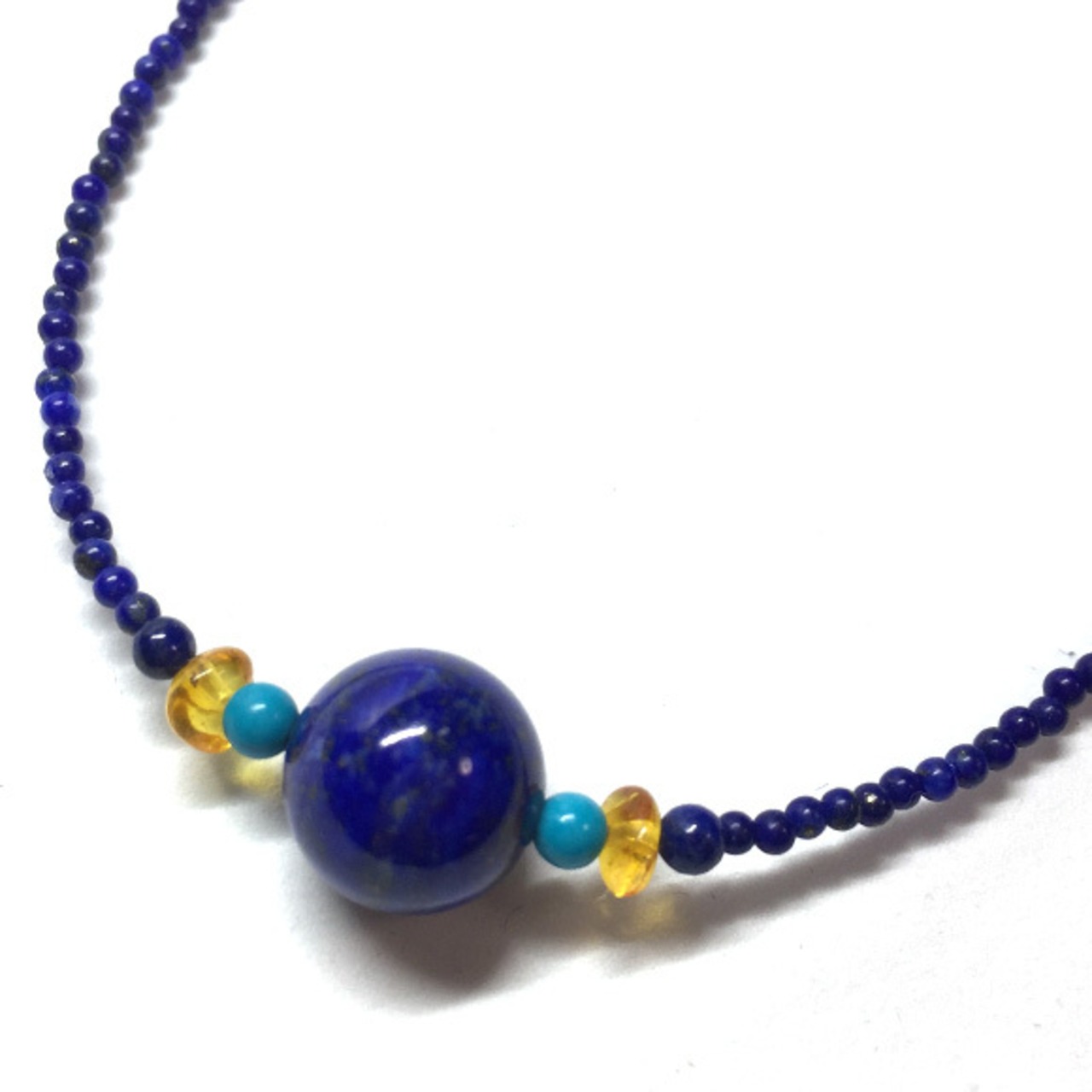 琥珀とターコイズの相性抜群 ラピスラズリ・琥珀・ターコイズネックレス ne1113