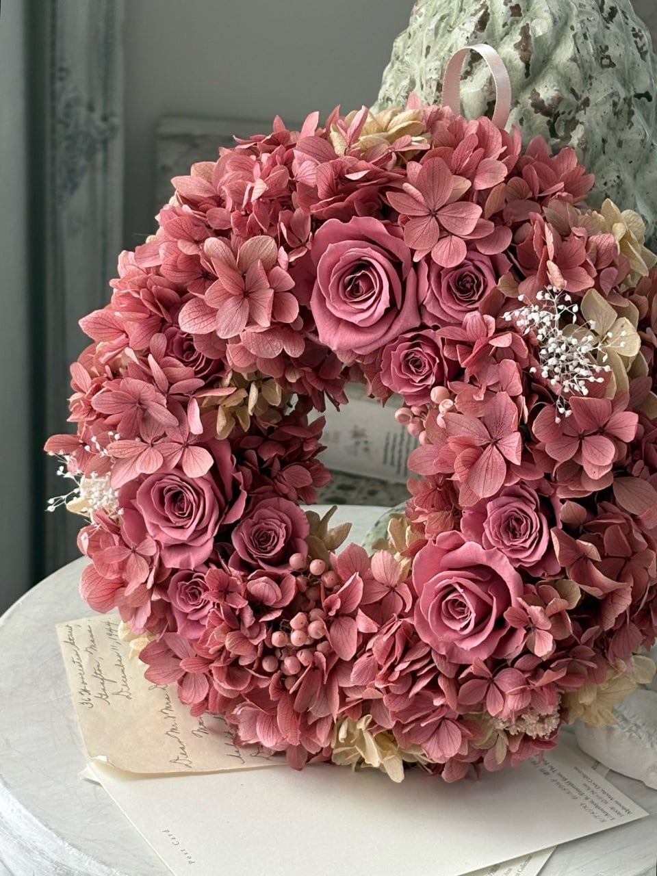 ブロッサムピンクのリース/直径22cm/プリザーブドフラワー/リース