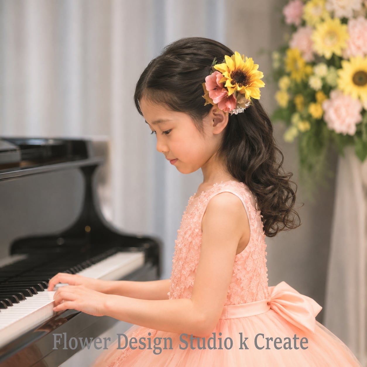 浴衣・夏祭りに♡向日葵とピーチピンクの小花のヘアクリップ|夏のお出掛け 発表会 和装ヘア 向日葵 ひまわり ヒマワリ