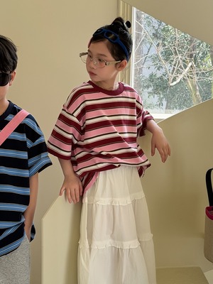 マルチボーダークルーネックTシャツ（ブルー／ピンク）KMAI 2026春｜100-160cm｜トップス｜半袖｜ボーダーT ［取寄］