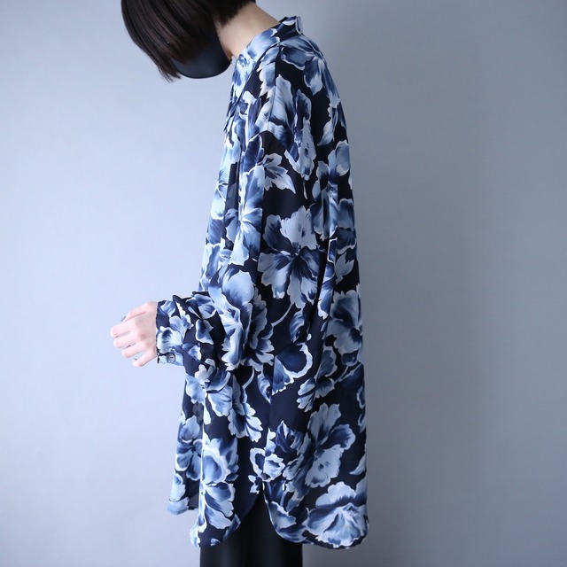 blue flower art pattern over silhouette see-through shirt