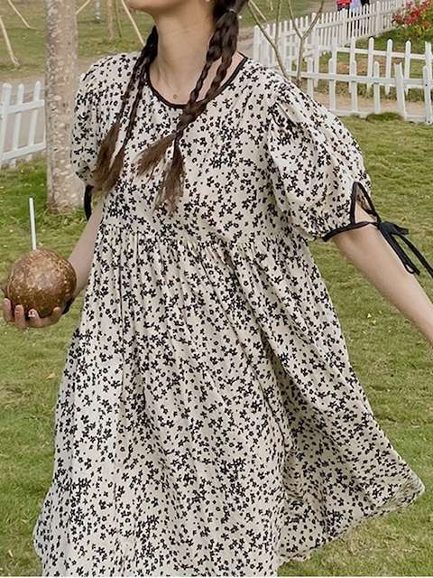 ミドル丈花柄ワンピース パフスリーブ シフォンワンピース 半袖ワンピース ゆったり フェミニン 大きいサイズ 韓国 Ch3693 Chulachula チュラチュラ 可愛い大きいサイズ韓国レディースファッション通販