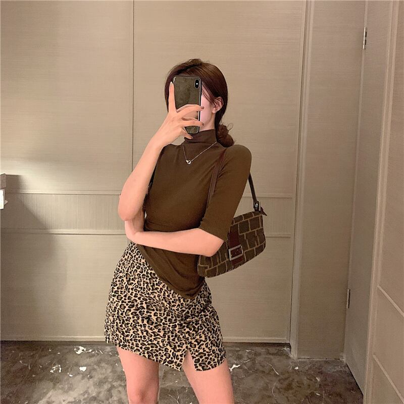 ヒョウ柄スプリットセクシーヒップスカートスカートレディース2020年秋新作aラインショートスカートハイウエストスリムスカート ブラックストロベリース3760096787