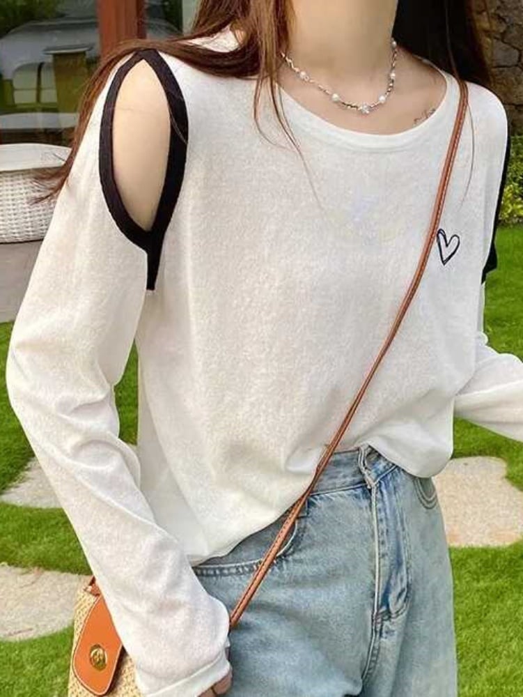 肌見せでヘルシーに♡ ハートロゴパイピングロングT 肩出し ラウンドネック 長袖 かわいい おしゃれ 大きいサイズ 韓国 CH9735