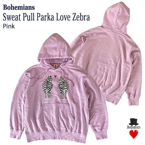 LOVE ZEBRA SWEAT PULL PARKA PINK ラブゼブラ プリント プルパーカー ピンク スエット ユニセックス BOHEMIANS ボヘミアンズ