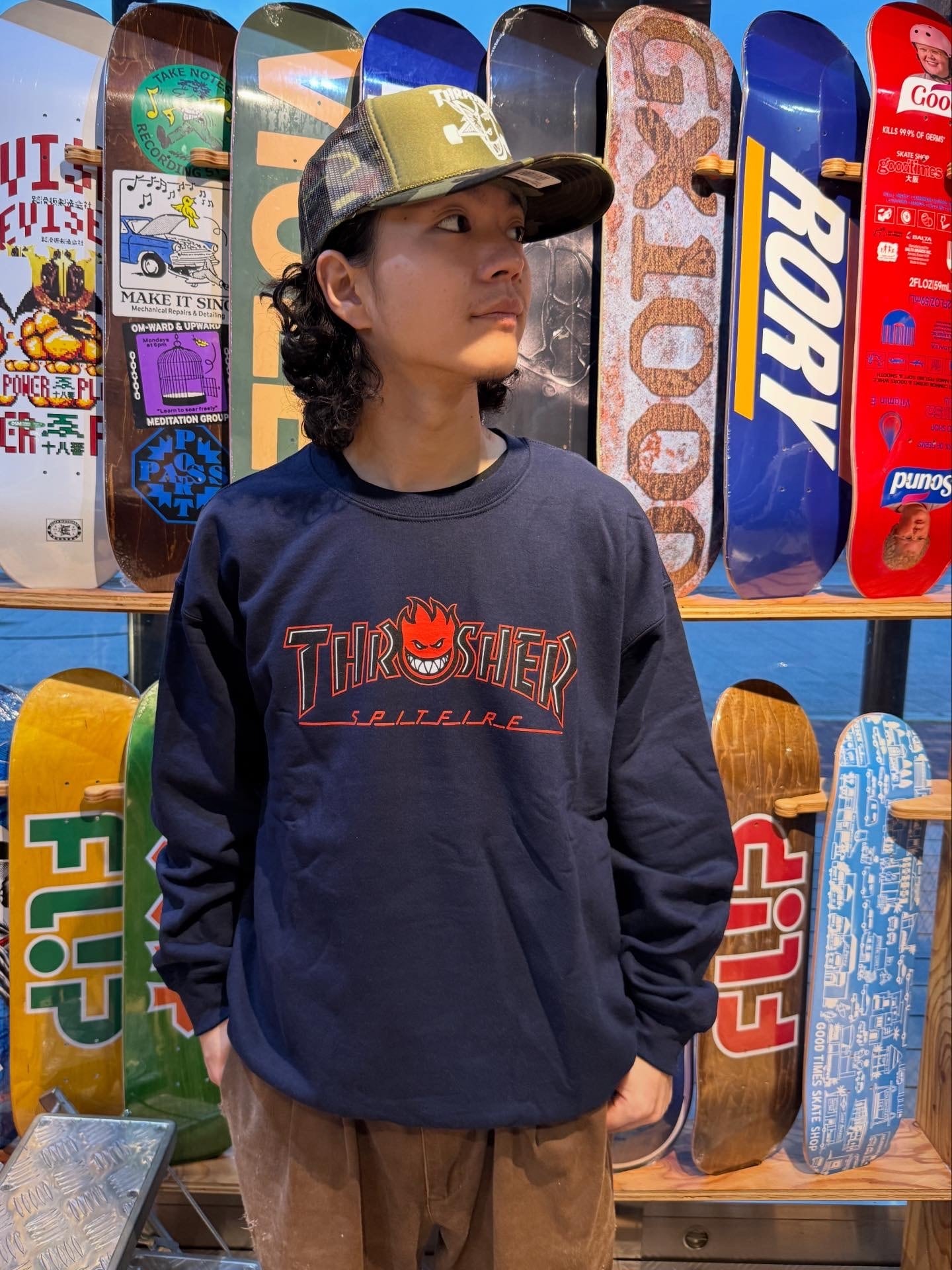 Thrasher × Spitfire / Big Head Outline Crewneck - Navy | GOOD TIMES