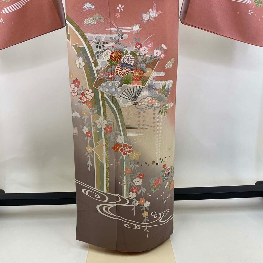 付け下げ 訪問着 中古 オレンジ ピンク 裄丈65.8cm 身丈163.6cm 結婚式  