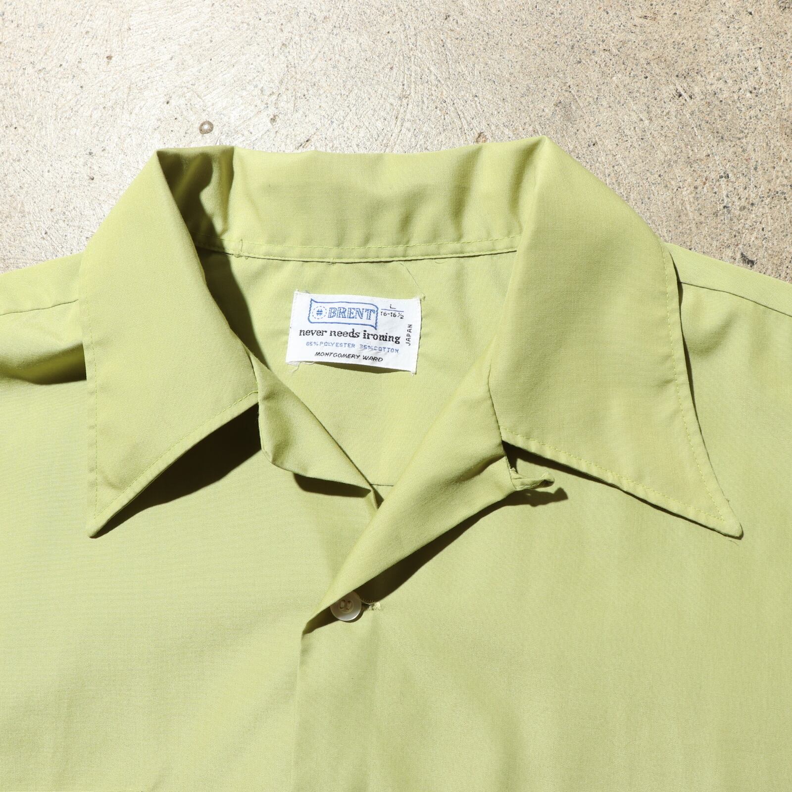 美品 L 70s BRENT 日本製 長袖開襟シャツ コットンポリ 鶯色 無地 