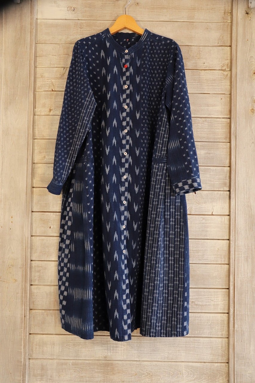 OP-41 スタンドカラー7分袖ワンピース【白絣】 | カスリラ  