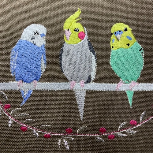 インコ3羽　刺繍帆布トートバッグ