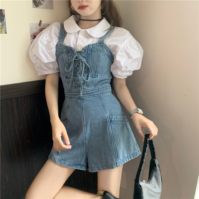 セットアップ トップス ブラウス ボリューム袖 デニム サロペット ショートパンツ レトロ ガーリー レイヤード カジュアル 大人可愛い 韓国ファッション Luluca 韓国トレンドファッションluluca ルルカ